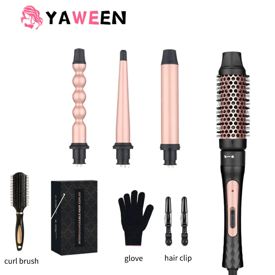 YAWEEN 4-in-1 Curling Iron with Curling Brush, 9-32MM Replaceable Ceramic Barrels, Quick Heat, Suitable for All Hairstyles