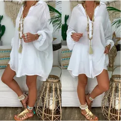 Summer Long Sleeve Shirt Women's Button Loose Casual Shirt Beach Wear Top Swim Cover Up Solid Color Loose Shirts ladies clothes
