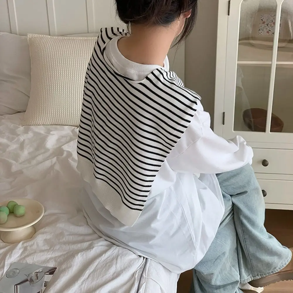 

Retro Blouse Shoulders Fake Collar Stripe Knitted Shawl Solid Color Cloak Knit Scarf Wraps Korean Style Wool Scarves Women