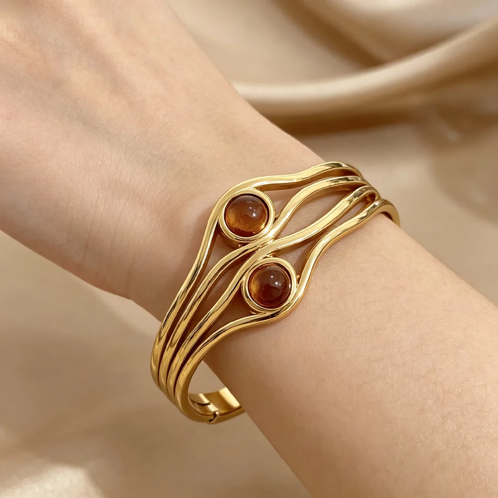 Greatera Marken-Armreif aus Edelstahl mit zweilagigem Tigerauge-Stein für Damen und Herren, Festival-Party, Vintage, stapelbar, wasserdichter Schmuck – Detail 4
