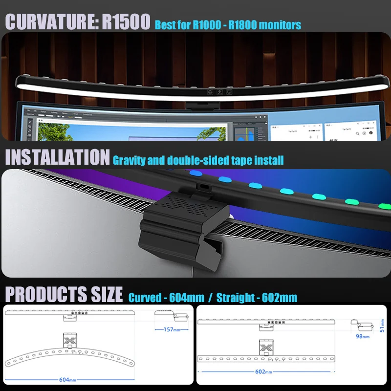 60cm Desk Lamp Two-sided LED Light RGB Curved Straight Monitor Screen Light Bar USB 3 Color Dimmable Reading Table Lamp