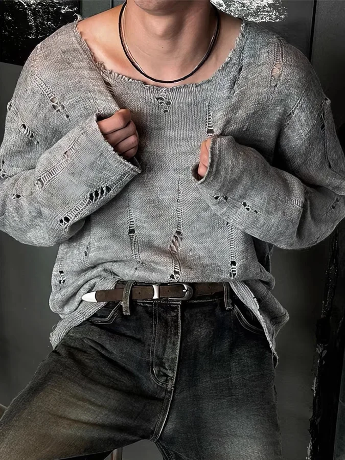 Laid-back Style Men's Knitted Long Sleeve T-shirt Hollow out Ripped U-neck Casual Loose Fit American Style Breathable Youthful