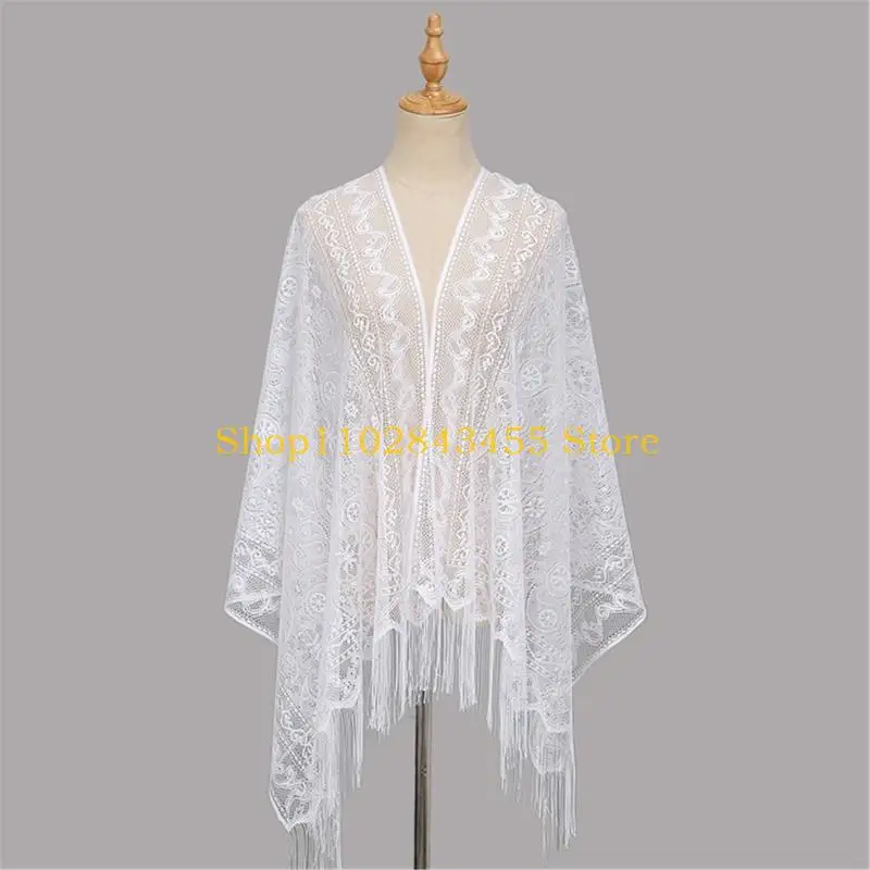 

49MC French Styles Women Lace Shawl With Ethnic Tassels Hollowout Shoulder Wrap Neck Scarf For Female Travel Everyday Wear