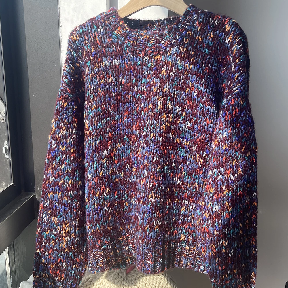 2024 Winter Colorful Chunky Multi-color Crew-neck Chunky Loose Sweater For Women