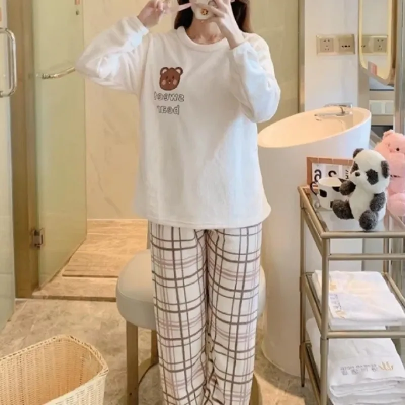 女性用の厚手のフリースパジャマ,かわいいクマのチェック柄,長袖,2ピースの衣装,印刷,冬