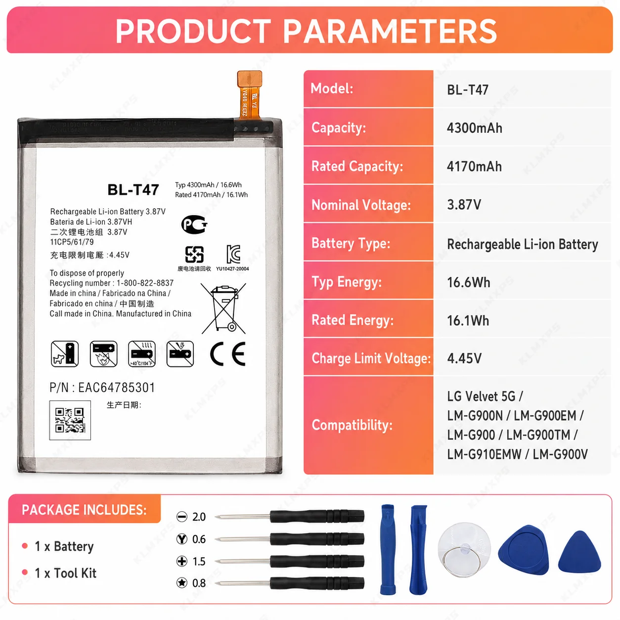 Replacement Phone Battery BL-T47 4300mAh for LG Velvet 5G LMG900TM G9 Mobile Battery with Repair Tools Kit Pack
