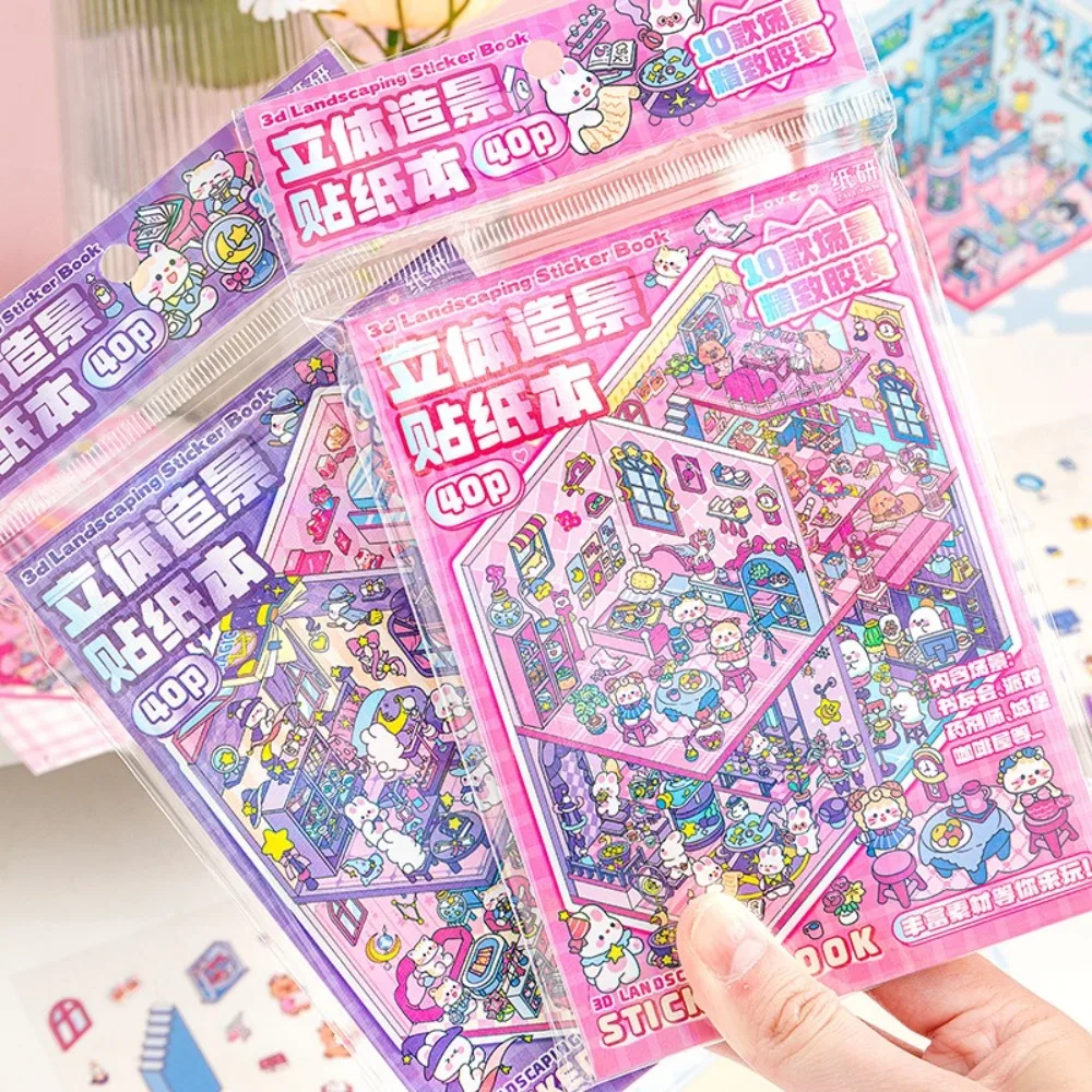 

New Cartoon 3D Landscape Sticker Book DIY PET Sticker Cabin Scene Miniature House Cabin Scene Pocket Sticker for Kid