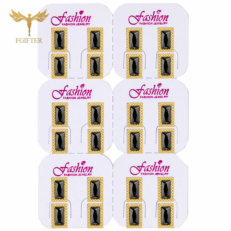 12 Pairs Pack Rectangular CZ Stud Earrings Set Black Crystal Earrings Golden Stainless Steel Piercing For Women's Party Jewelry