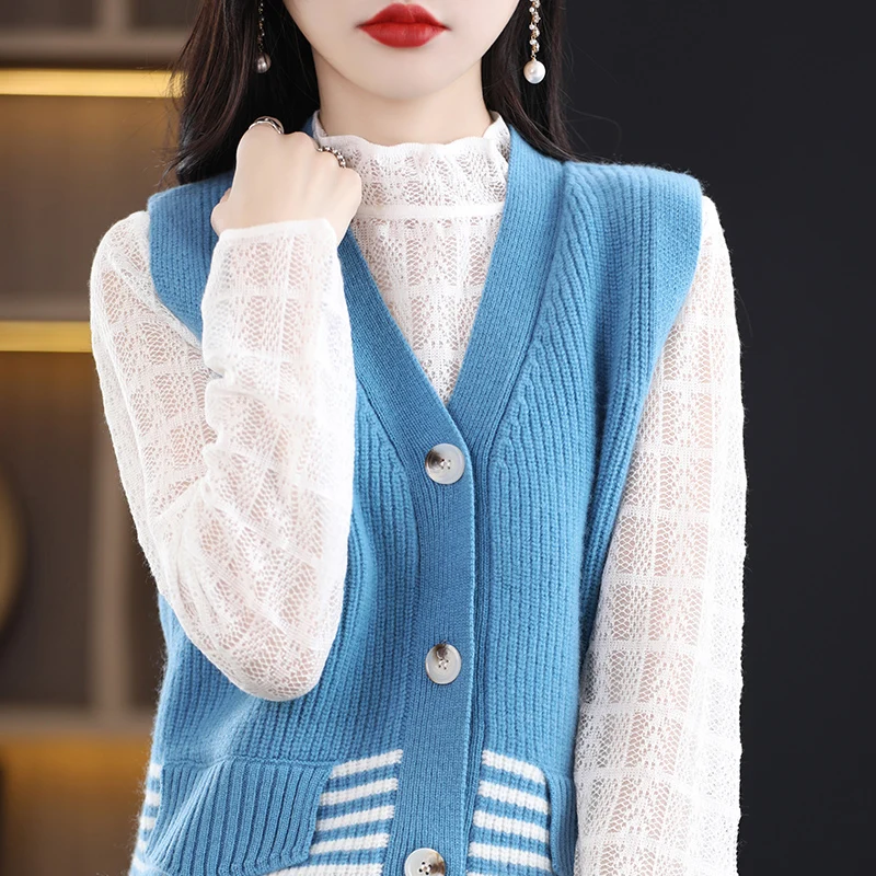 2023 Spring Autumn New Women 100% Wool Knitted Vest Loose Sweaters Solid Color Short Waistcoat Female V-Neck Cardigan Sleeveless