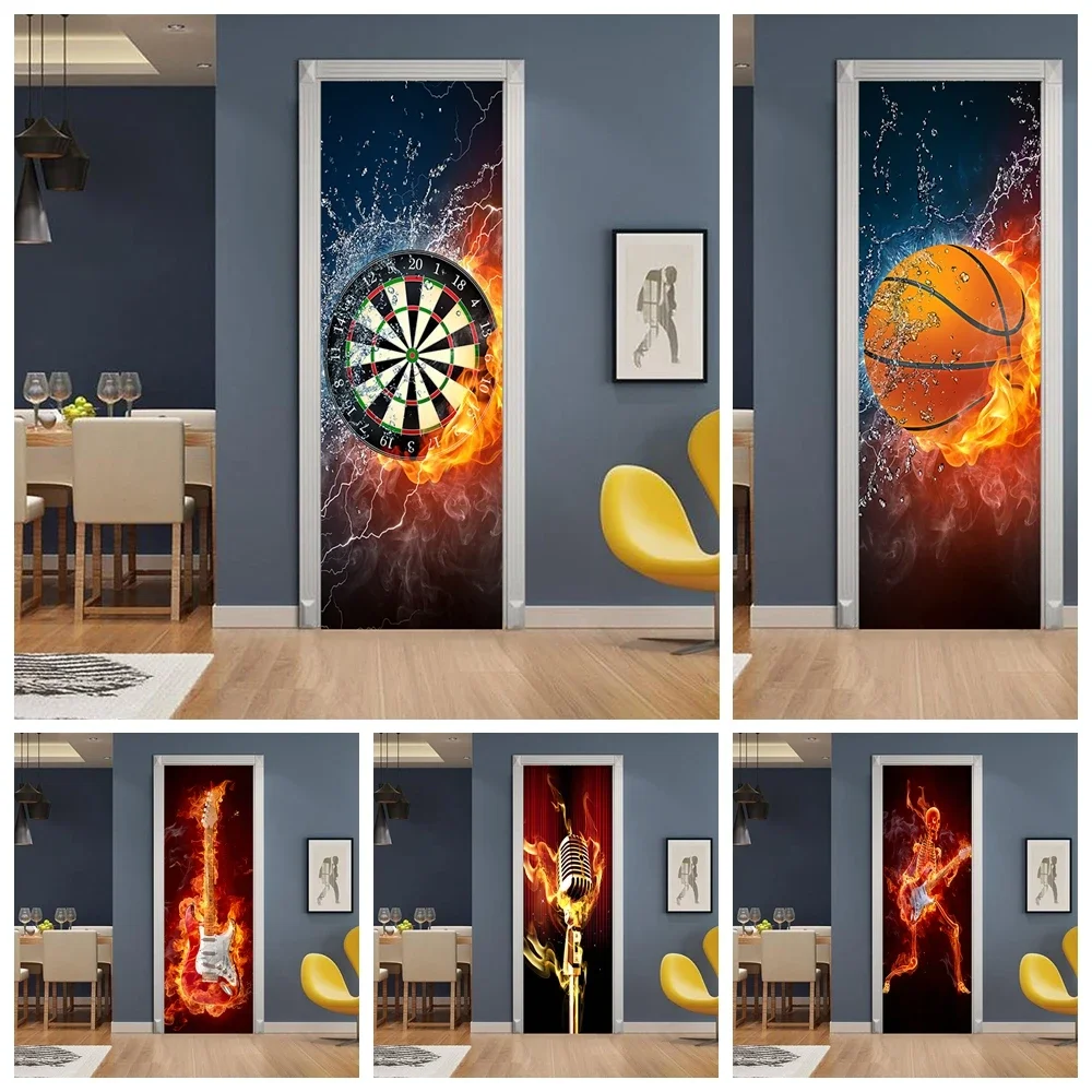 Fashion Sport Music Door Sticker Wallpaper Peel And Stick On Fire Guitar Ball Skull Door Poster for Bedroom Living Room Decor