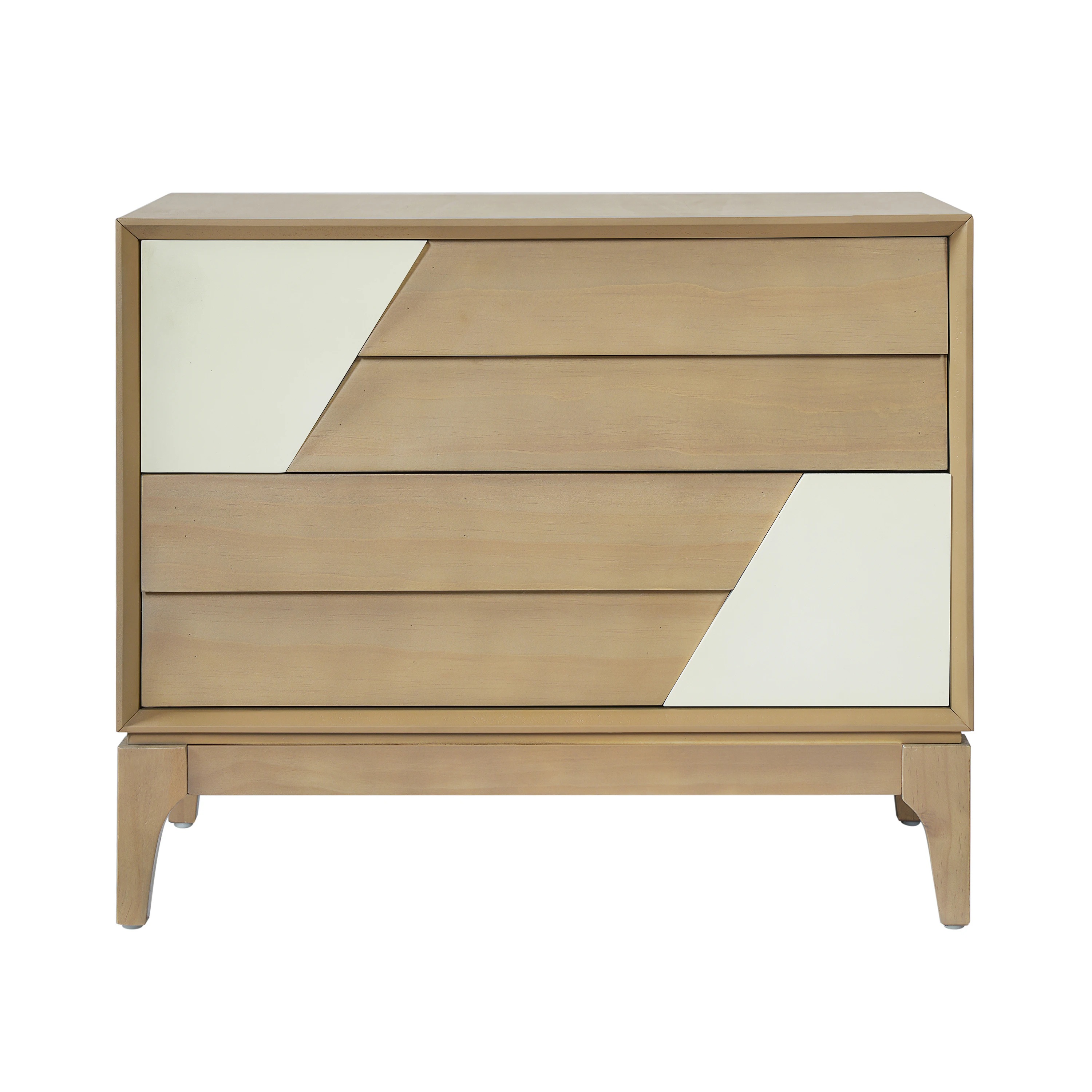 Modern 2-Drawer Nightstand, Natural and Cream White Japandi Bedside Table with Geometric Angled Front and Tapered Legs for Bedroom