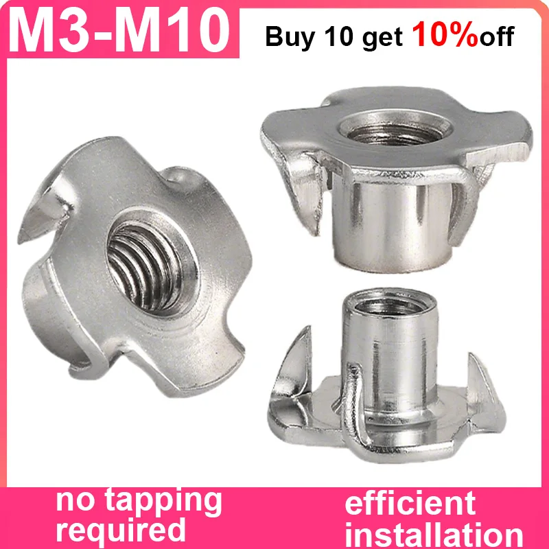 

20/30pcs M3 M4 M5 M6 M8 M10 Zinc Plated Four Claws Nut T-nut Blind Pronged Insert T-Nuts for Wood Metal Furniture Hardware