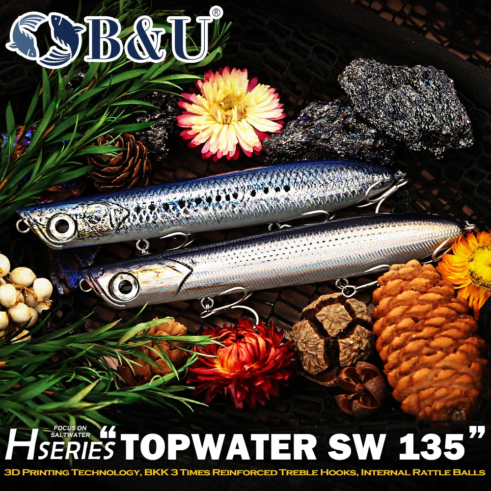 B&U 135mm Long Casting Topwater Pencil Lure Saltwater Surface Walking Bait Floating Hard Lure for Striper Bluefish GT