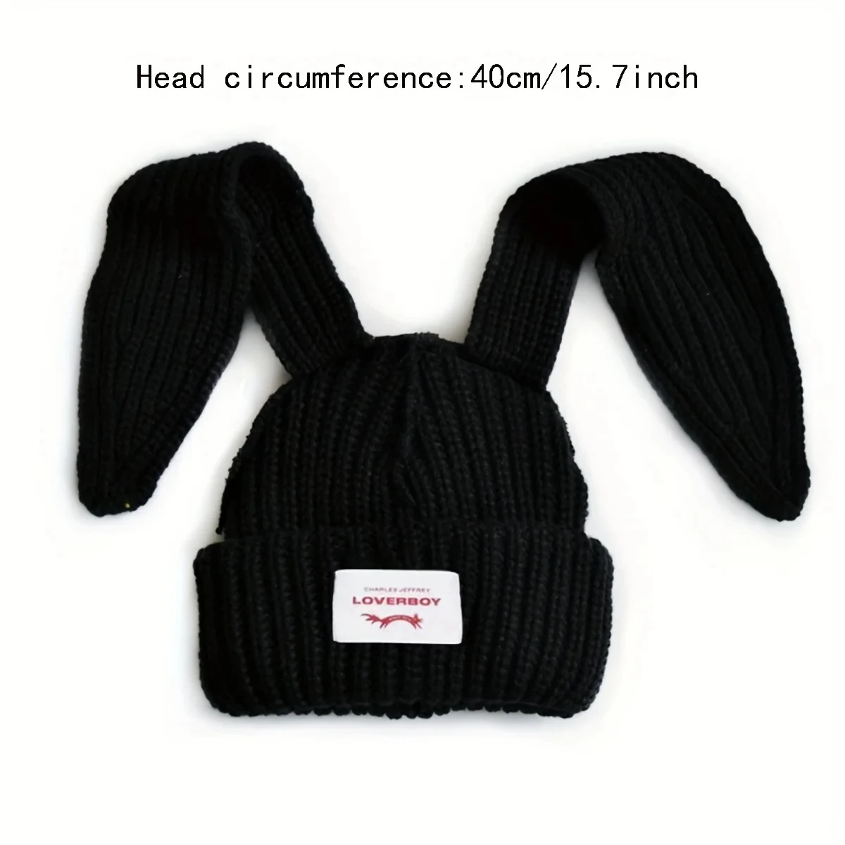 New Rabbit With Ear Label Patch Black Knit Hats Winter Warm Thick Elastic Skull Cap Long Bunny Ears Cuffed Beanies For Women