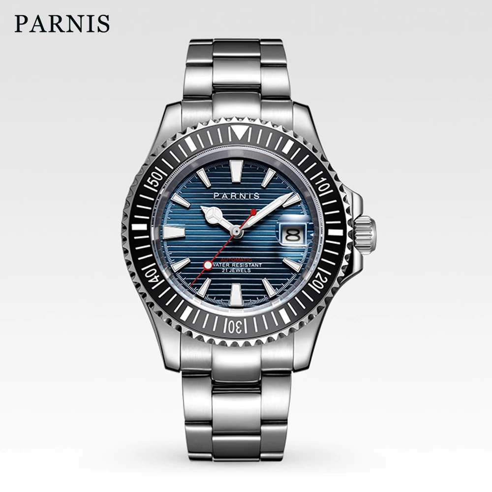 Parnis 41mm Blue Dial 21 Jewels Mechanical Automatic Movement Sapphire Crystal Watches Men Wristwatch