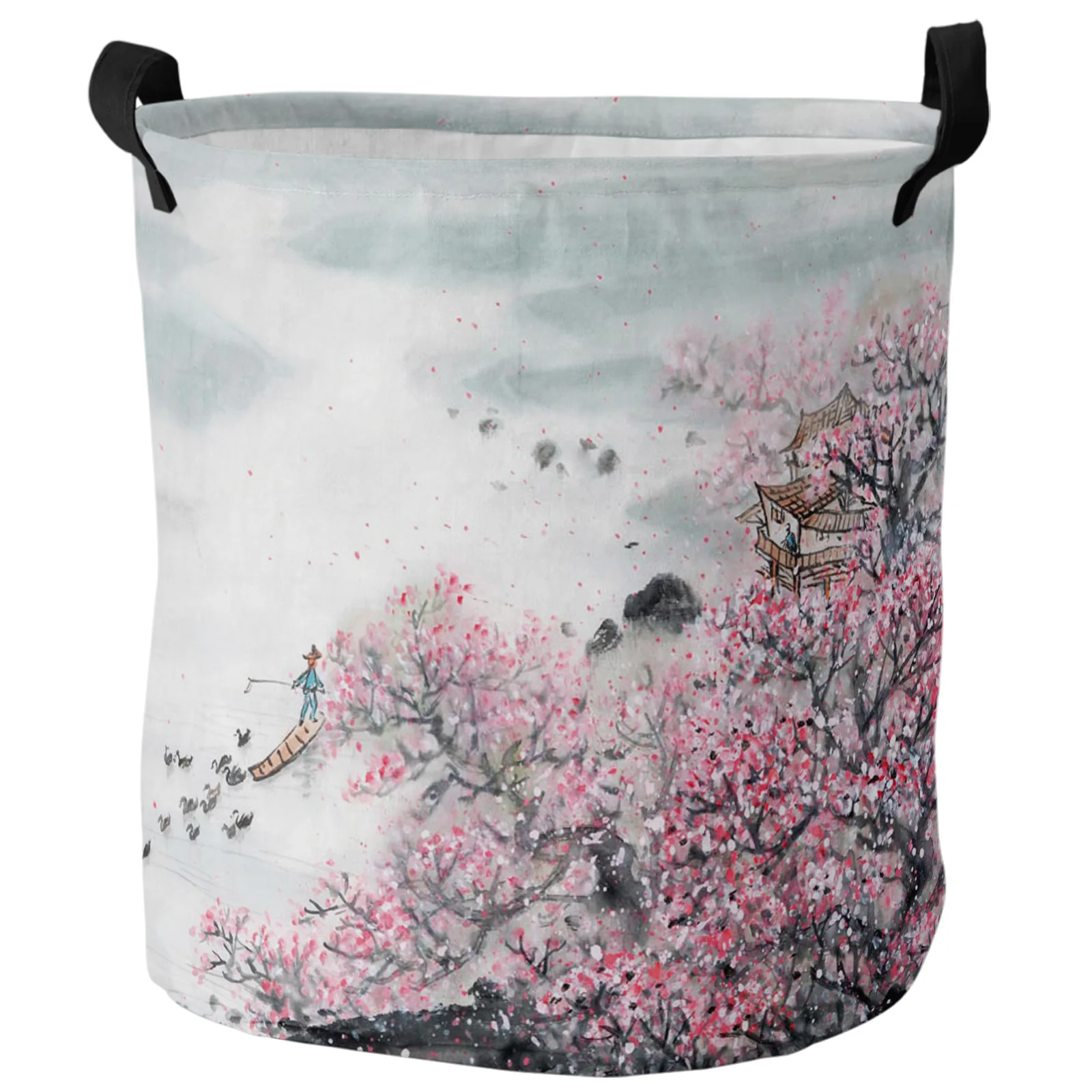 Plum Blossom Ink Painting Chinese Style Dirty Laundry Basket Foldable Home Organizer Basket Clothing Kids Toy Storage Basket