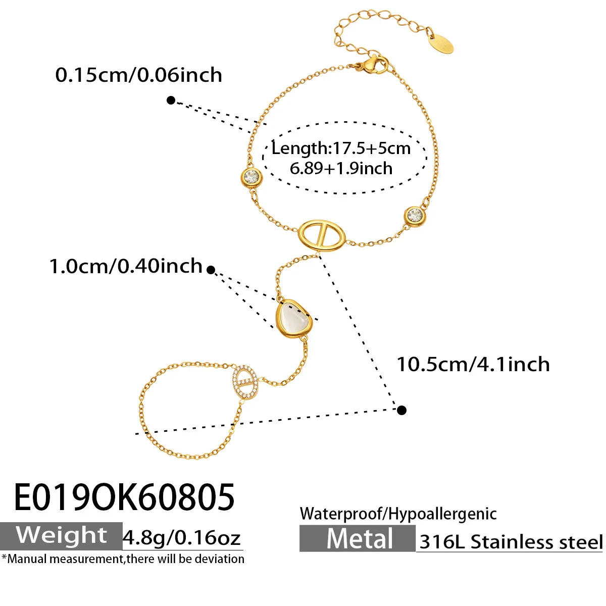 Zierliches Handkettenarmband für Damen, Edelstahl-Handkettenarmbänder, 18k vergoldetes Armband, rundes Zirkon-Charm-Armband – Detail 7
