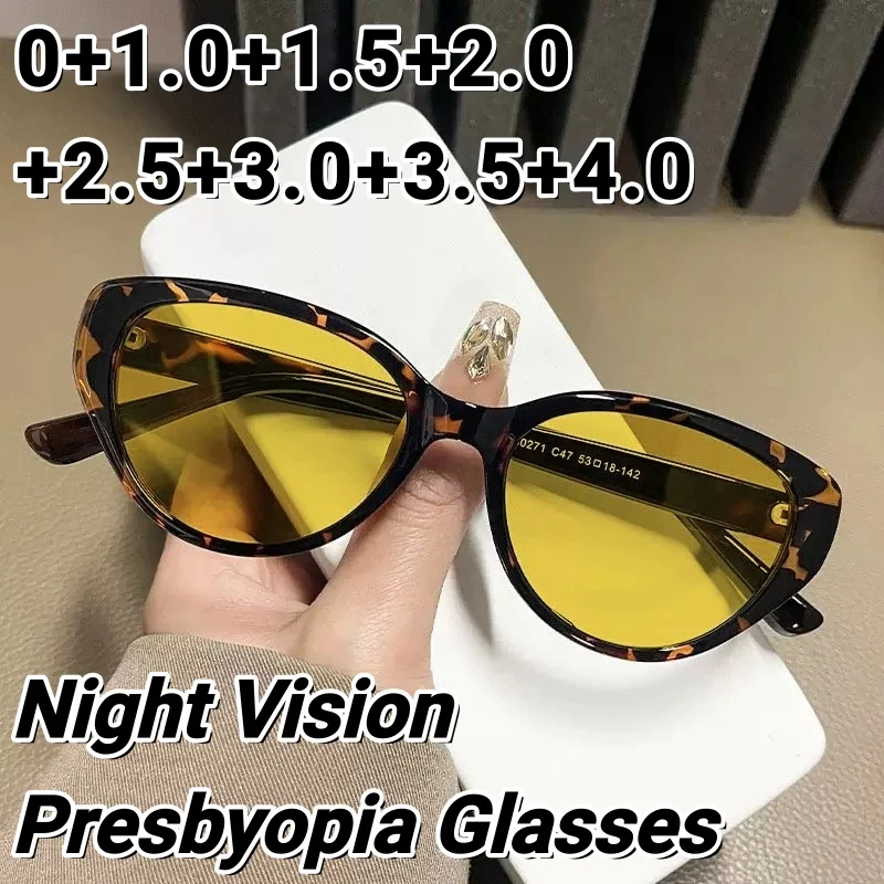 

Luxury Women's Metal Retro Cat-Eye Night Vision Presbyopia Glasses High-definition Brightening Driving Glasses 0 To +4.0
