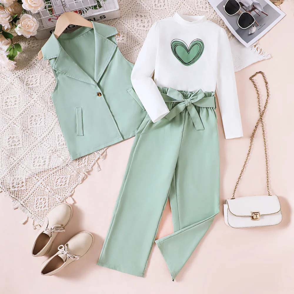 2024 Clothing Set Girls Long Sleeve Print Heart T-shirt Sashes Green Pants Cute 3 Pcs Sets Casual Girls Clothes Set 7-14T