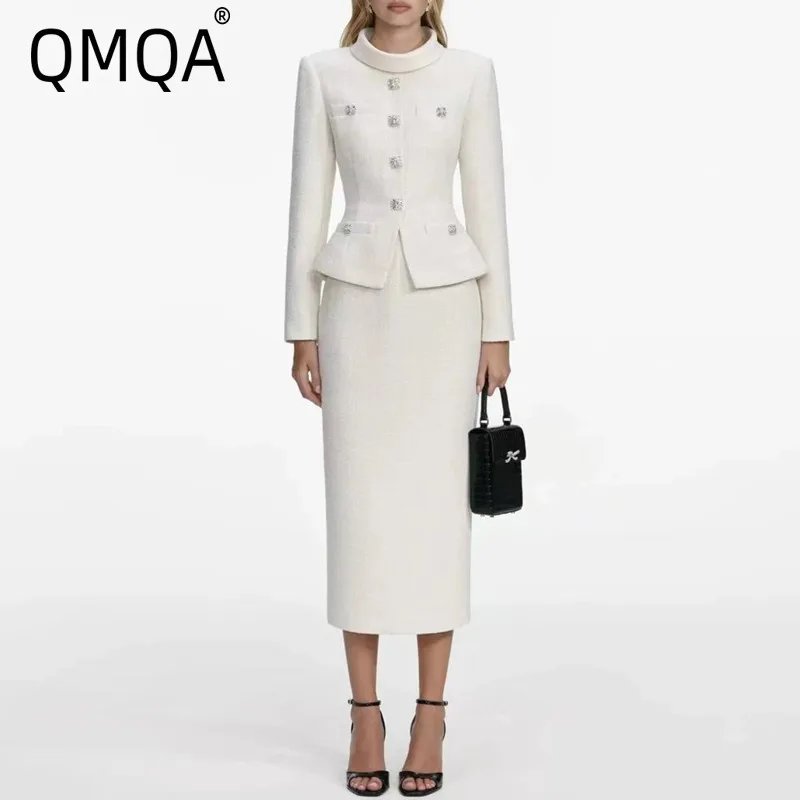 

QMQA Fashion Women's Solid Slimming Two Piece Sets Round Neck Long Sleeve Top High Waist Skirt Autumn Chic Set Female New QM1002