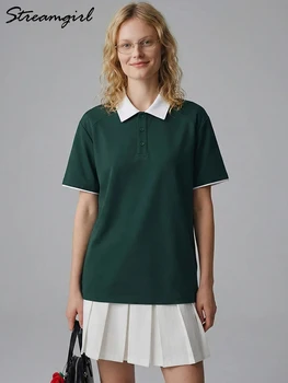 Streamgirl Summer Women's T-shirts And Polo Shirts Woman Cotton Black Loose Short Sleeve Brown Polo T Shirts For Women Oversized 4