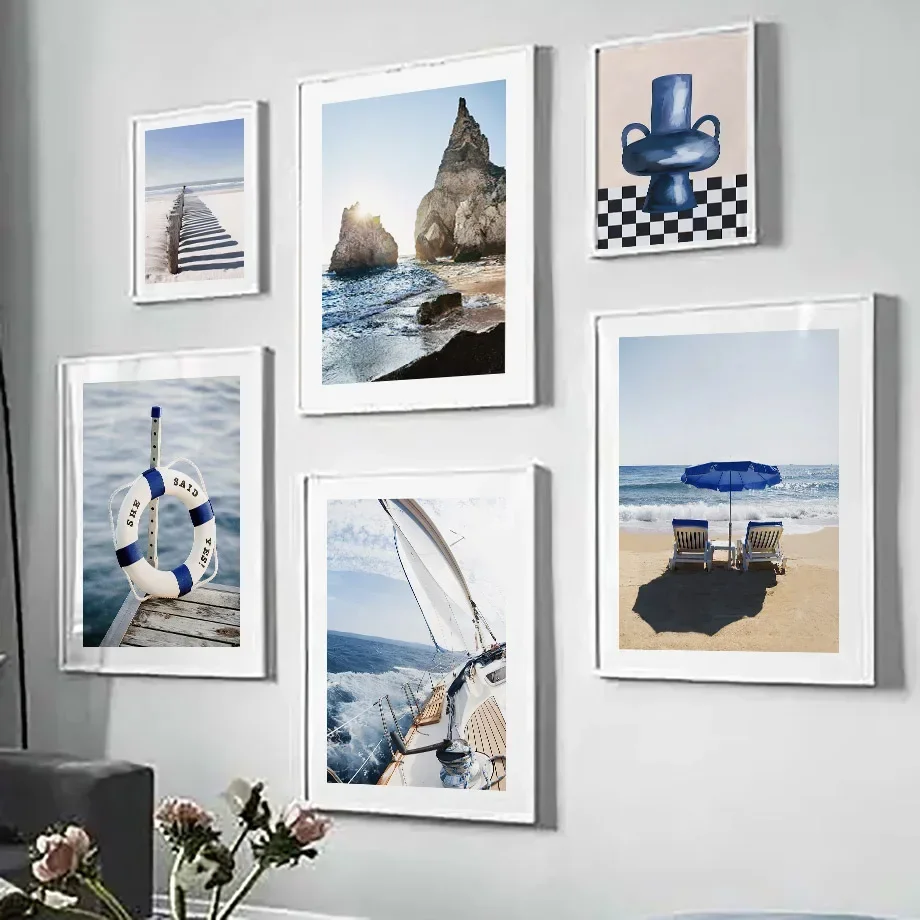 Blue Sea Sunshine Beach White Sailboat Vase Minimalist Wall Art Print Canvas Painting Posters for Living Room Modern Home Decor