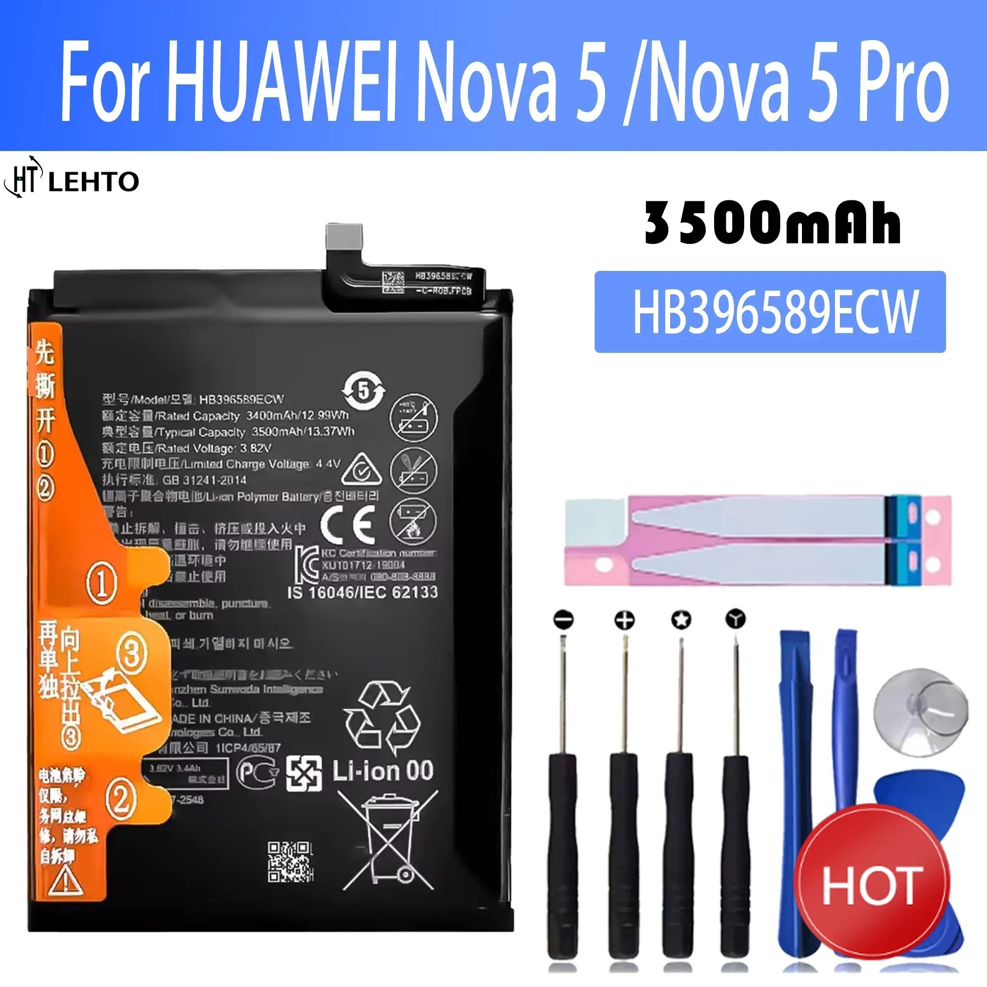 

100% New Original Battery HB396589ECW For HUAWEI Nova 5 Nova 5 ProBattery + Free Tools