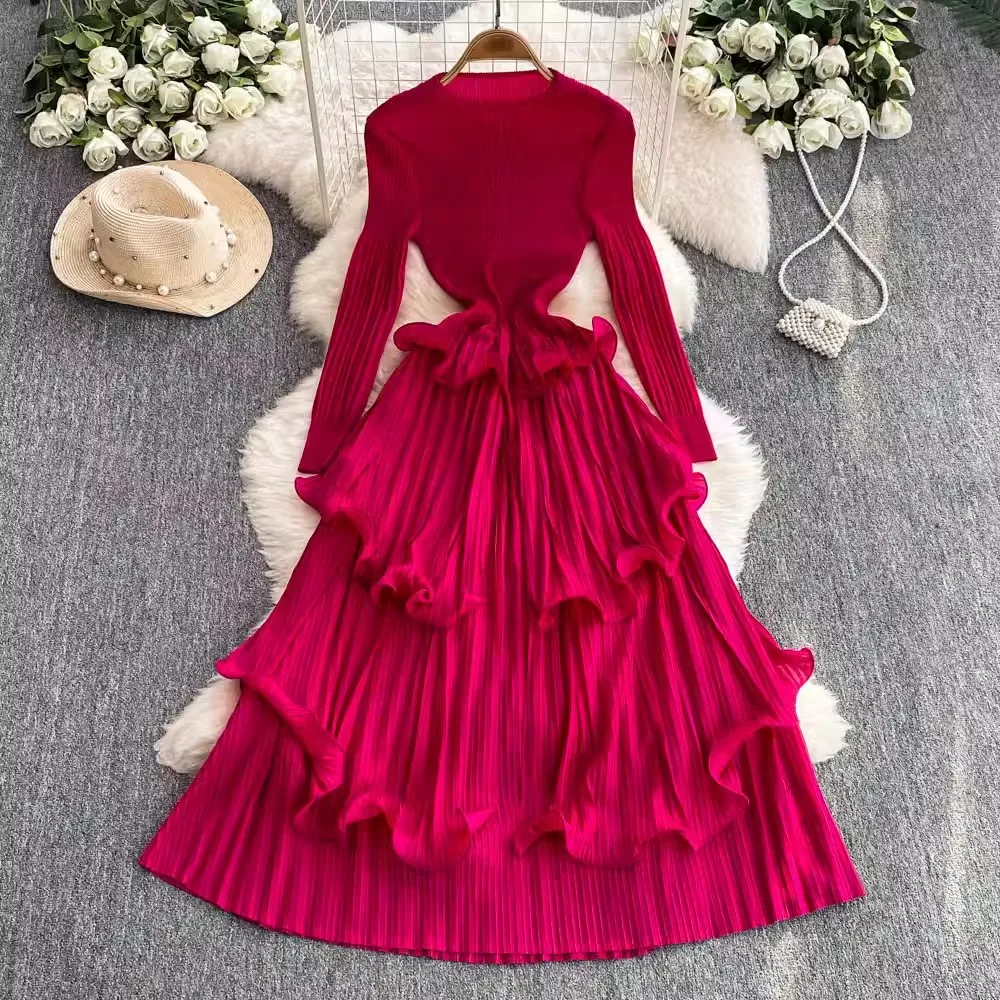 Elegant Oversized Long Sleeve Pleated Draped Women O-Neck Ruffles High Sretch Party Robe Vestidos Ladies Spring Summer Clothing