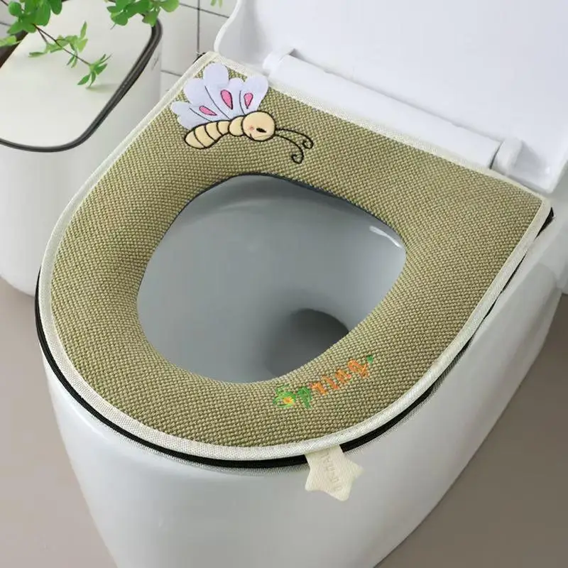 夏用綿麻トイレシートクッション-家庭用-四季通用-ハンドル付きトイレシートパッド-防水ジッパー式-冷感