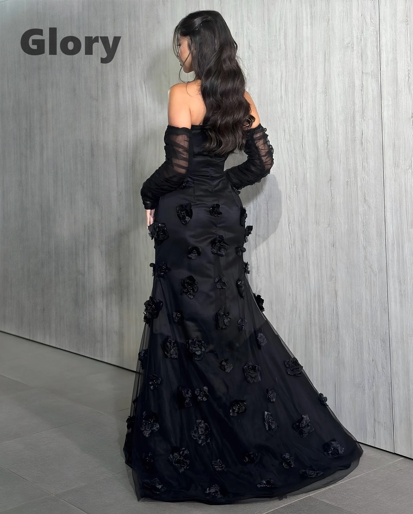 Elegant Evening Dress Flowers Strapless Black Prom Dresses Spandex Zipper up Saudi Arabia Formal Party Dress vestidos de gala