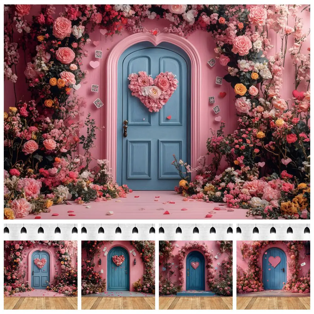 

Valentine's Day Photography Background Flowers Love Heart Vintage Wall Door February 14 Couple Portrait Wedding Photo Backdrop