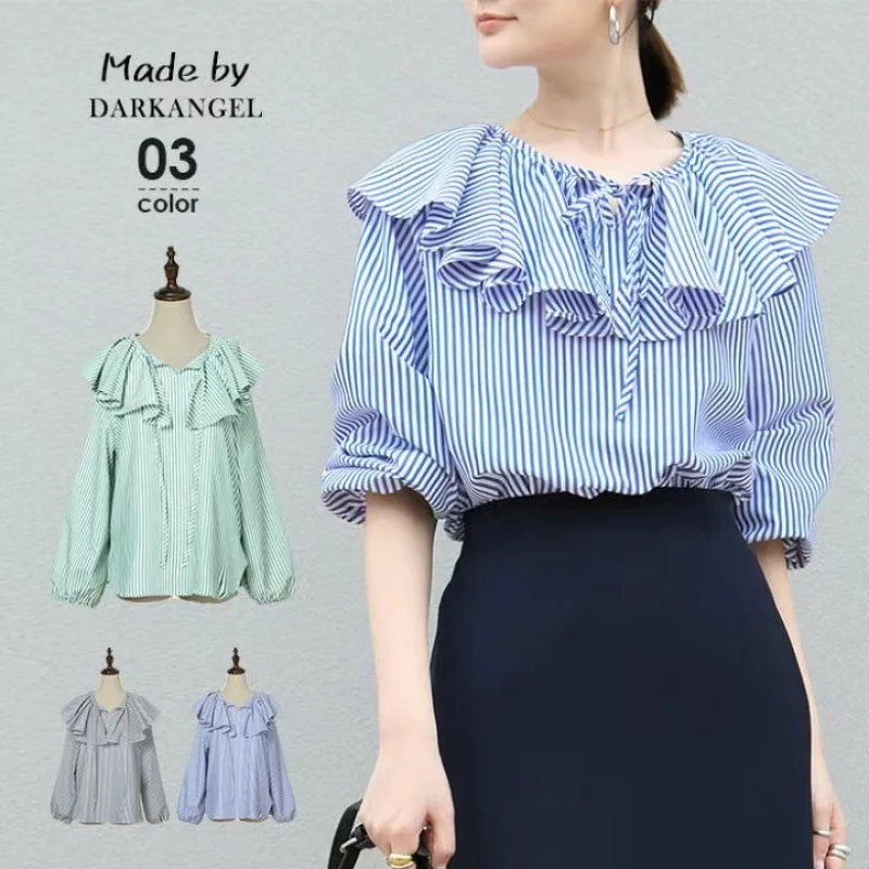 

New Lotte Summer Sweet Artistic Elegant Lady Loose Ruffle Collar Lantern Sleeve Striped Shirt for Women