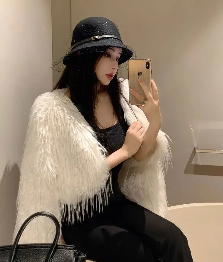 FANIECES Women Short Hairy Faux Fur Cropped Coat Winter Collarless Luxury Fluffy Imitation Fur Jacket Fashion Tassels Outerwear