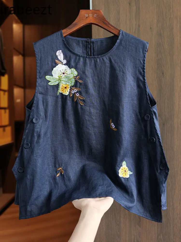 

Women's Chinese Style Linen Embroidered Vest Sleeveless Summer Loose Boho Cotton Casual Tunic Tank Top Women