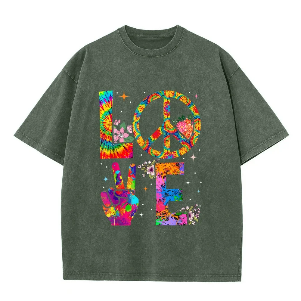 Peace Sign Love 60s 70s Tie Dye Hippie Costume T-Shirt 반팔 Ropa White Printed T Shirt Man's Gift Tee Essential Cotton Graphic