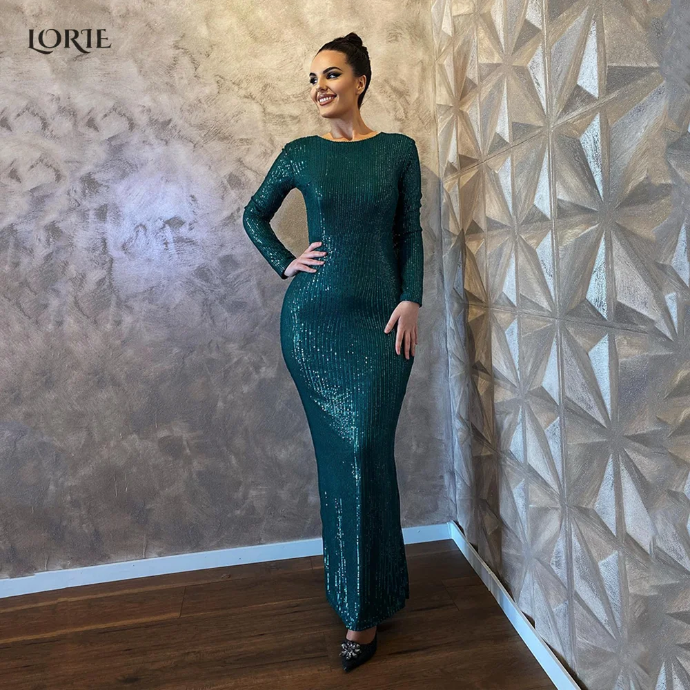 

LORIE Dark Green Celebrity Party Dresses Dubai O-Neck Bodycon Bride Prom Gowns Mermaid Backless Sequins Sparkly Evening Dress