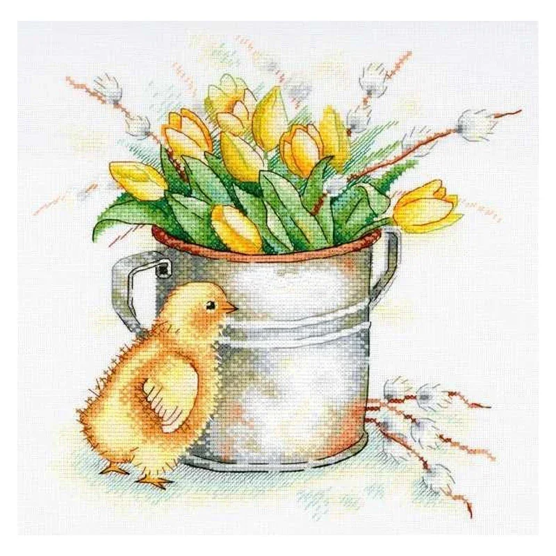 Amishop Gold Collection Counted Cross Stitch Kit Little Yellow Duck And Tulips Drum Animal Chick Flowers MP Studio A-025