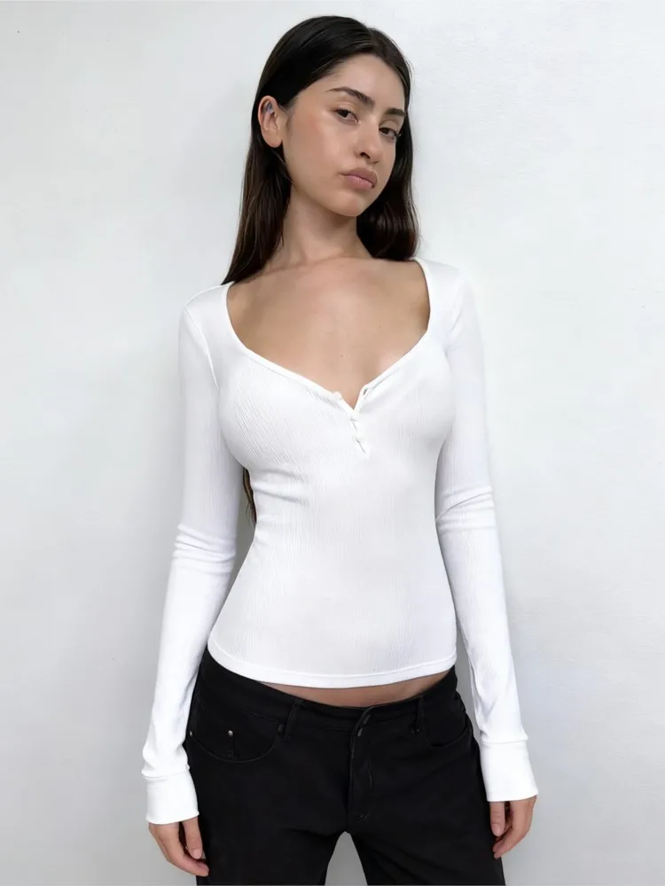 

Women's Clothing Casual Solid Color Long Sleeve T-shirt All-match Simple Style Tops V-link Bodycon temperament Slim Fashion Sexy