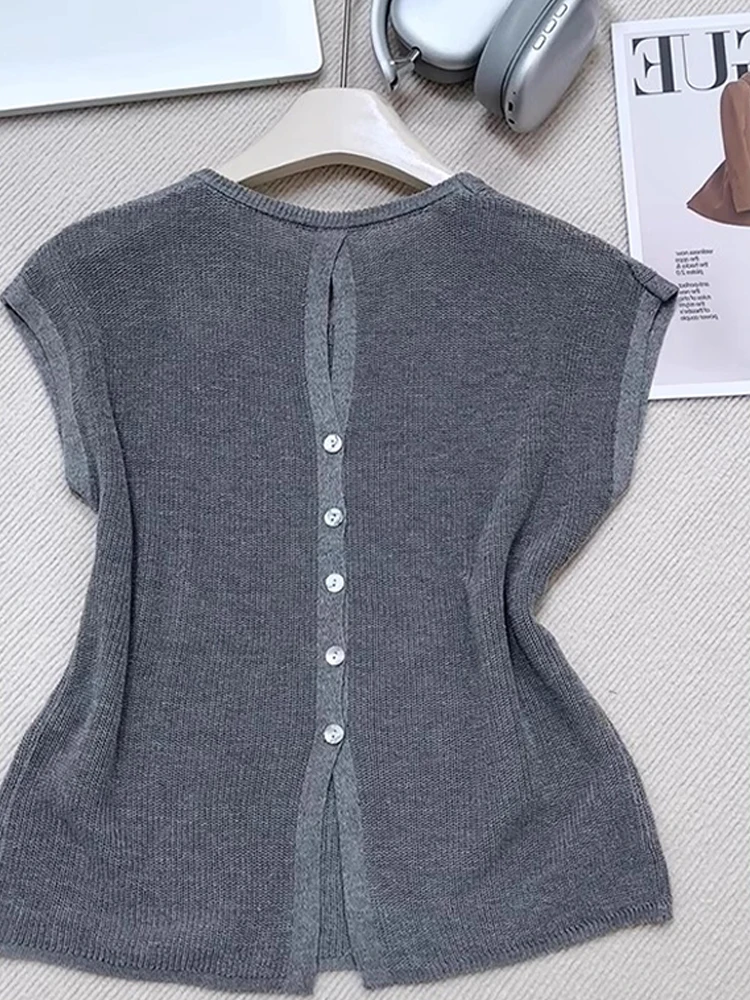 

Ice Silk Knitted Top Color Ba Hollow out Summer ort Sve Women's Casual Commute round Ne Pullover Korean Sle