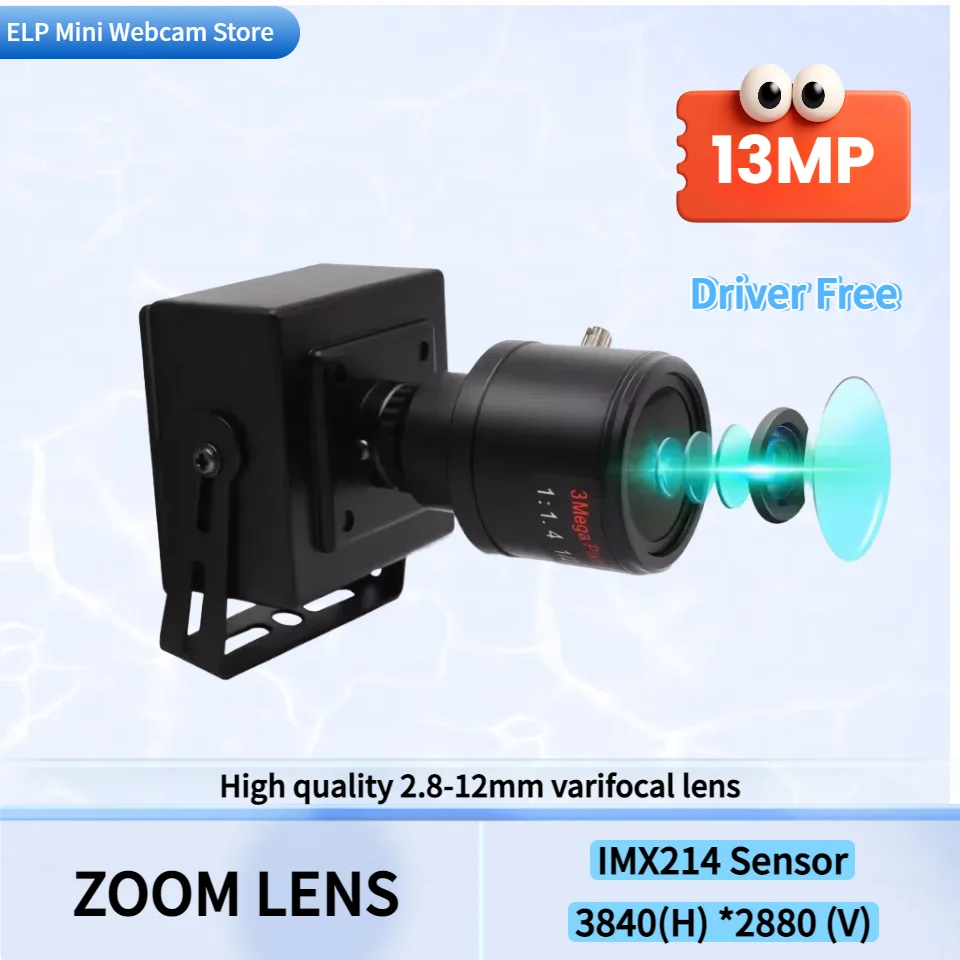 ELP 13MP USB Camera Ultra HD for PC, IMX214 3840x2880 15fps,Webcam With 2.8-12mm Varifocal CS Lens,Plug And Play For Image Scan