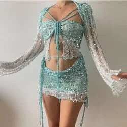 Glitter Sequined 2 Piece Sets Women Outfit Festival Clothing Knitted Flare Sleeve Crop Top and Mini Skirt New in Matching Sets