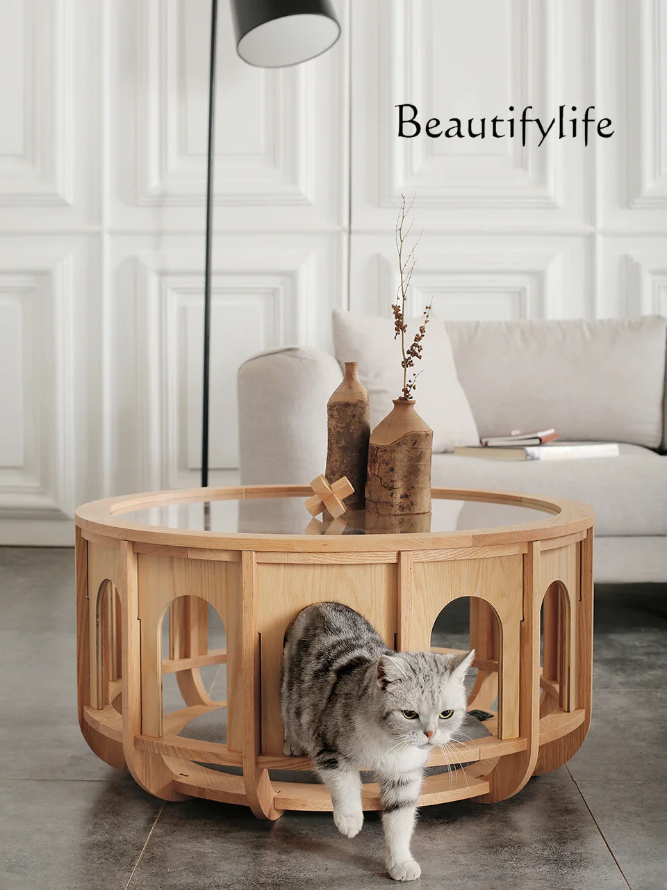 Living Room Creative Solid Wood round Glass Tea Table Modern Minimalist Cat Pet Side Table round Table