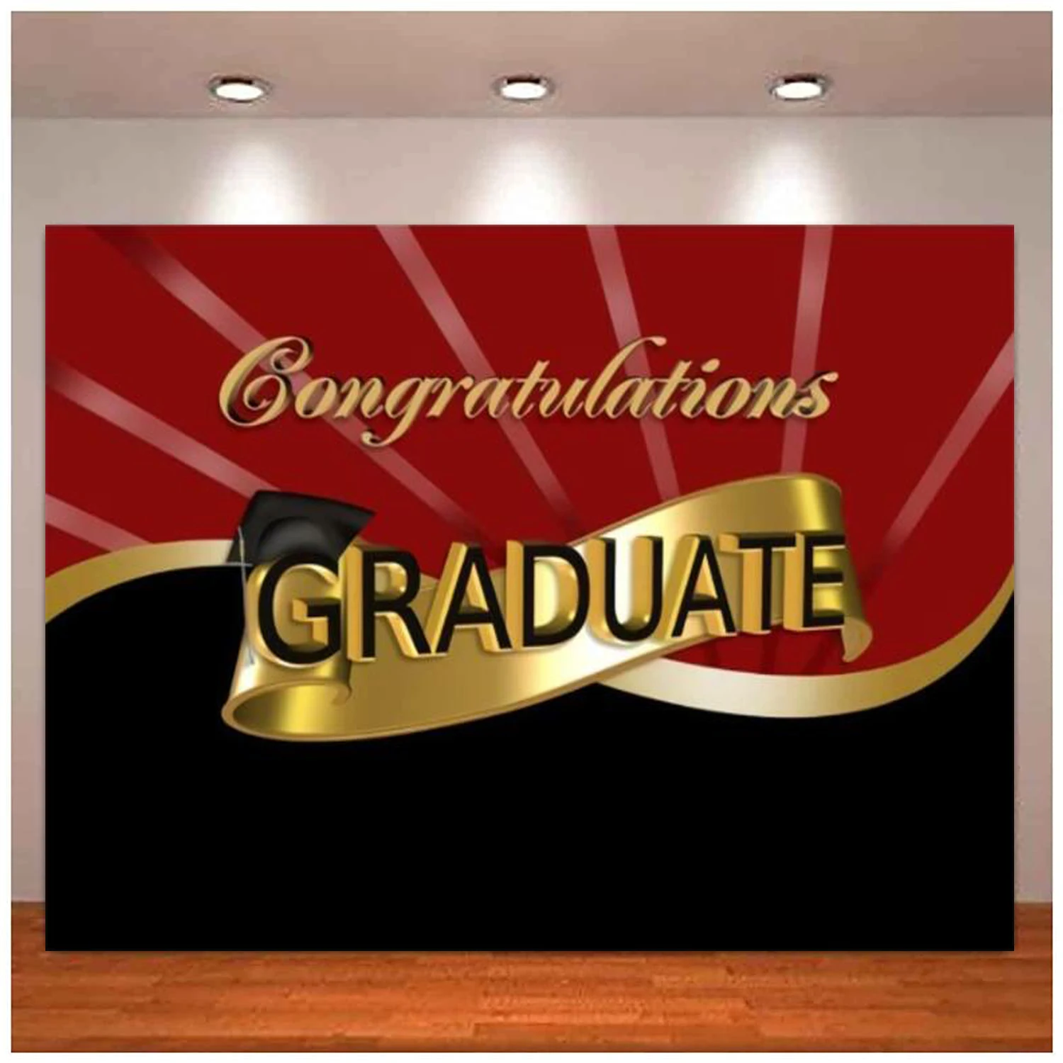 

Graduate Party Photography Backdrop Black Gold Red Cap Background Congrats Graduates School Ceremony Event Party Decor