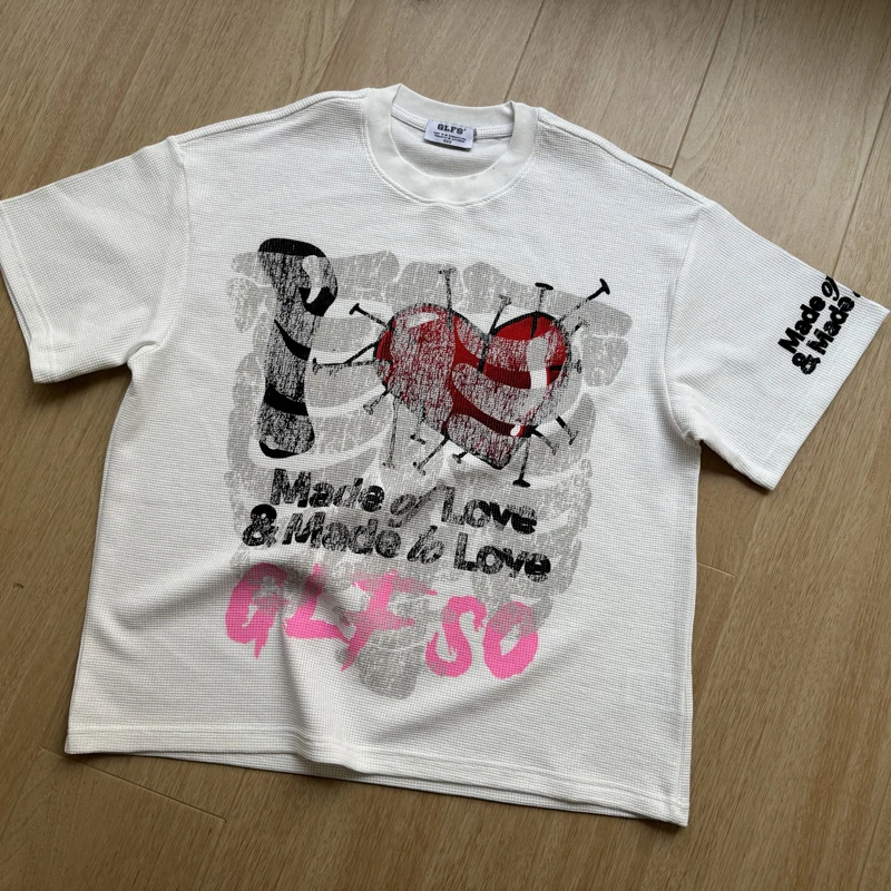 Waffle Short Sleeve Skulls Red Heart Print T Shirt Summer Men Women Black Apricot Quick Dry Breathe Loose Street T-shirt Tops