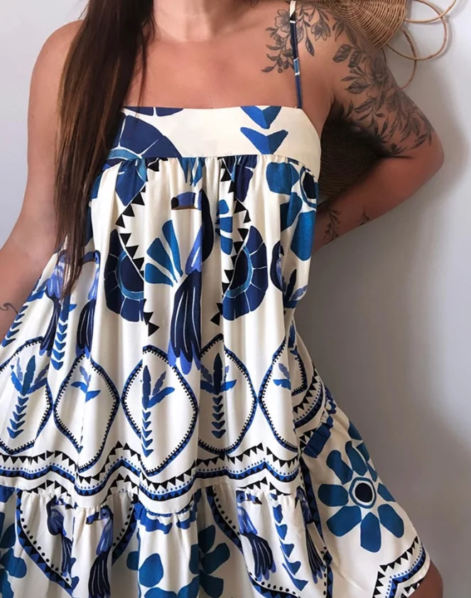 

Vacation Dress Woman Vintage Tropical Printed Slim Strap A-Line Mini Dress Elegant Casual Lace Up and Backless Suspender Dress