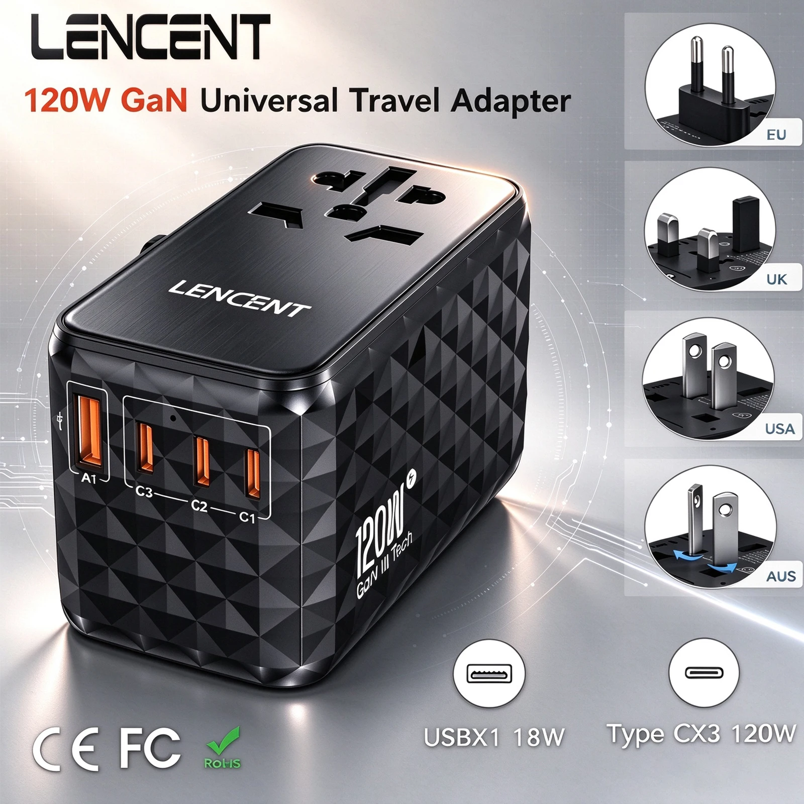 LENCENT 120W/100W/85W/65W GaN Universal Travel Adapter with USB-A+Type-C Fast Charging Adapter EU/UK/USA/AUS Plug for Travel
