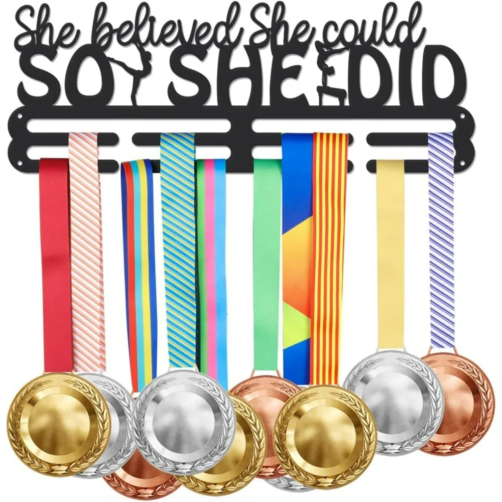 Gymnastics Balance Beam Medals Display Rack She Believed She Could So She Did Medal Holder Iron Wall Mounted Hooks Hanging Medal