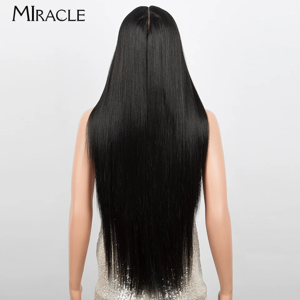 MIRACLE 34 Inch Long Straight Synthetic Lace Front Wigs for Women Cosplay Straight Lace Wig Black 613 Green Pink Wig