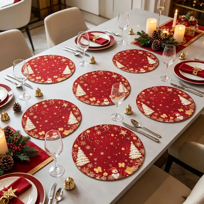 VIKAMA Amber Holiday Tree Snowman Round Placemat Scarlet Canvas Fir Gift Heart Frost Festive Table Mat Trendy Art Soft Durable