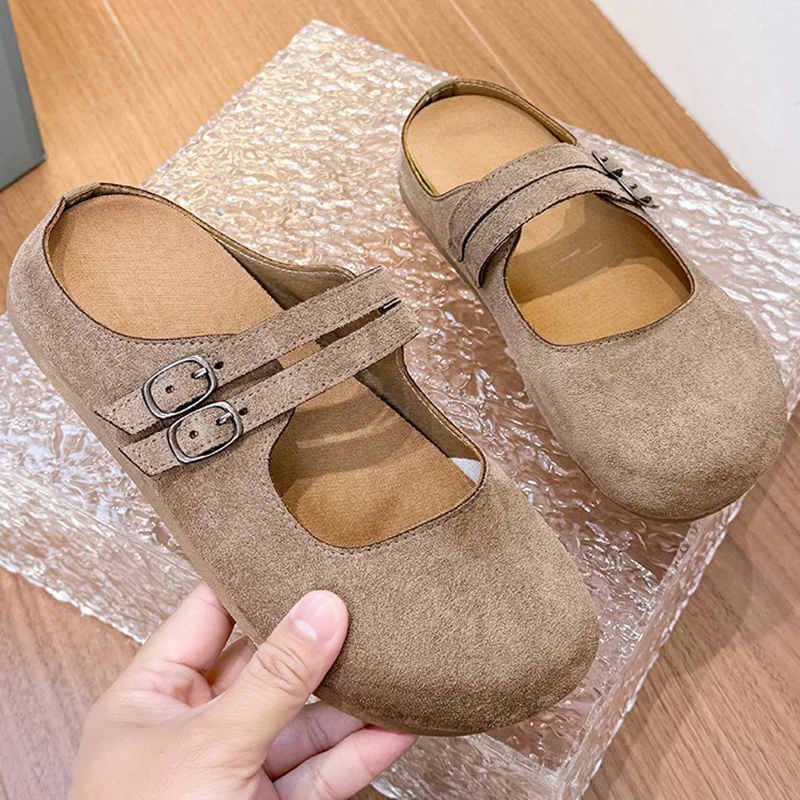 

2026 Spring New Women's Bag Head Half Slippers Outer Wear Double Button Mary Jane Lazy Shoes Cool Dragging Women